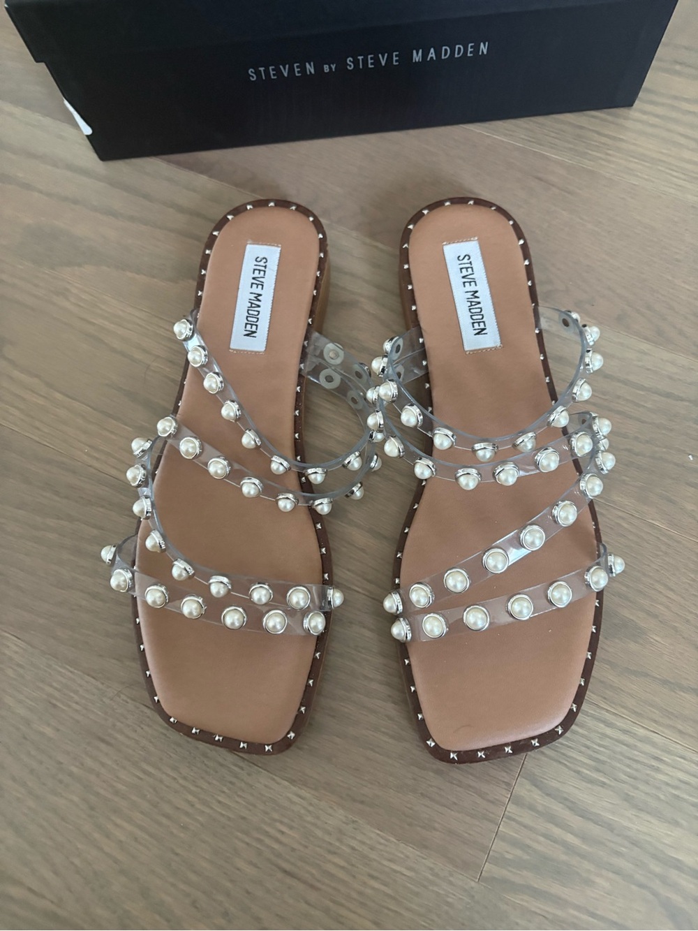 Steve Madden Brown Footbed Clear Strap Pearl-Embellished Slide Sandals